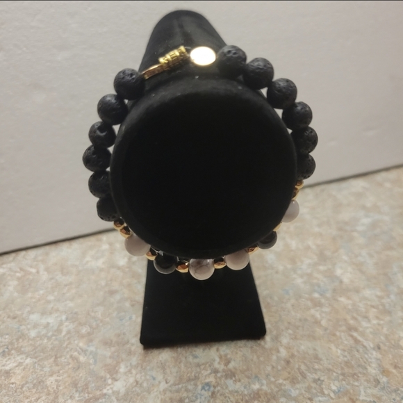 Gold, Black Lava, White Howlite, and Black Obsidian Bracelet - Picture 4 of 7